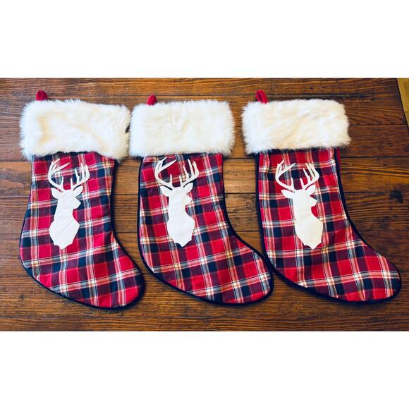 (3) Buffalo plaid Christmas stockings faux fur cuff and deer applique - Picture 7 of 7